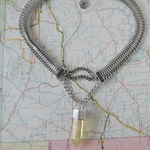 BCBG chunky silver necklace with crystal pendant